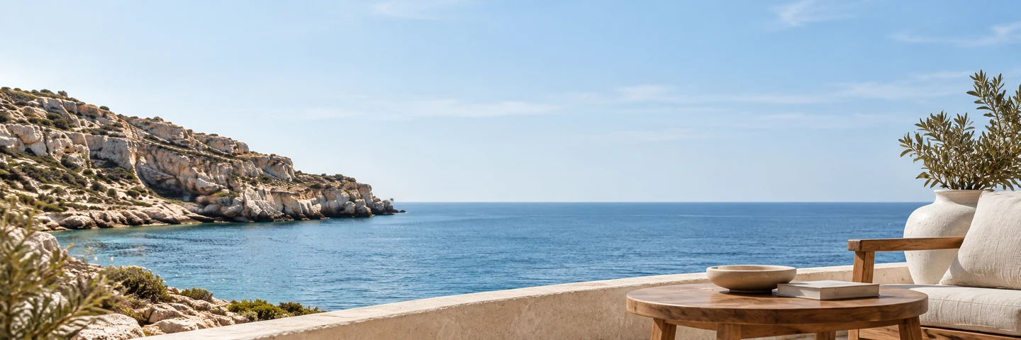 The pale rocky coastline and calm blue Mediterranean Sea