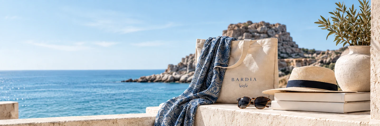 A Bardia tote, blue fabric, a straw hat and sunglasses on a coastal stone terrace